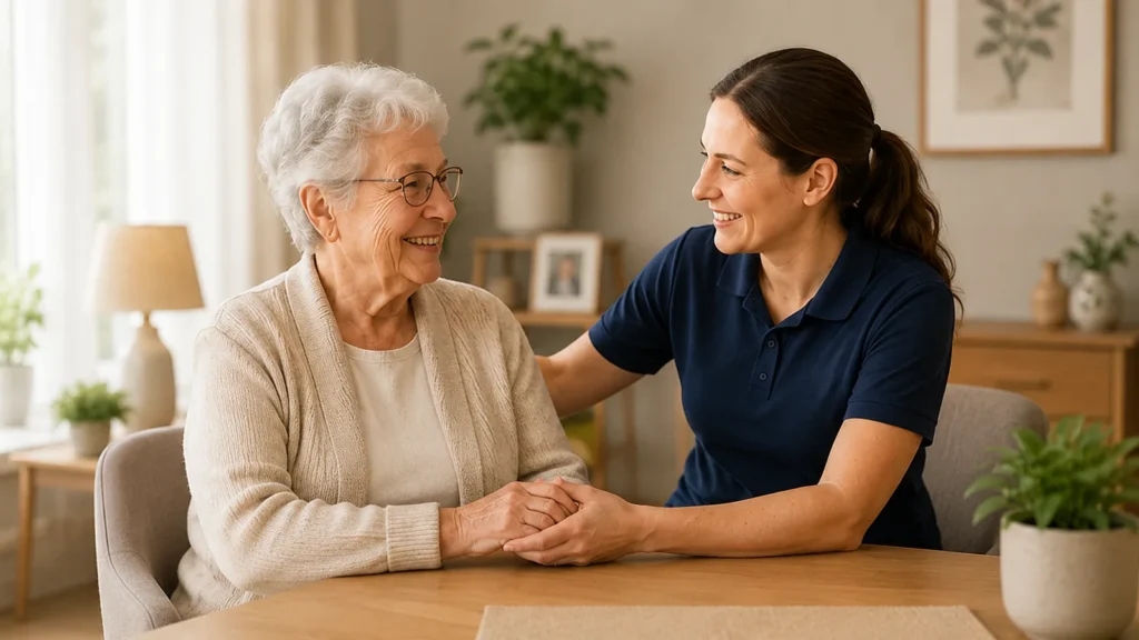 Une auxiliaire de vie échange avec une personne âgée dans le cadre d’un accompagnement à domicile local.