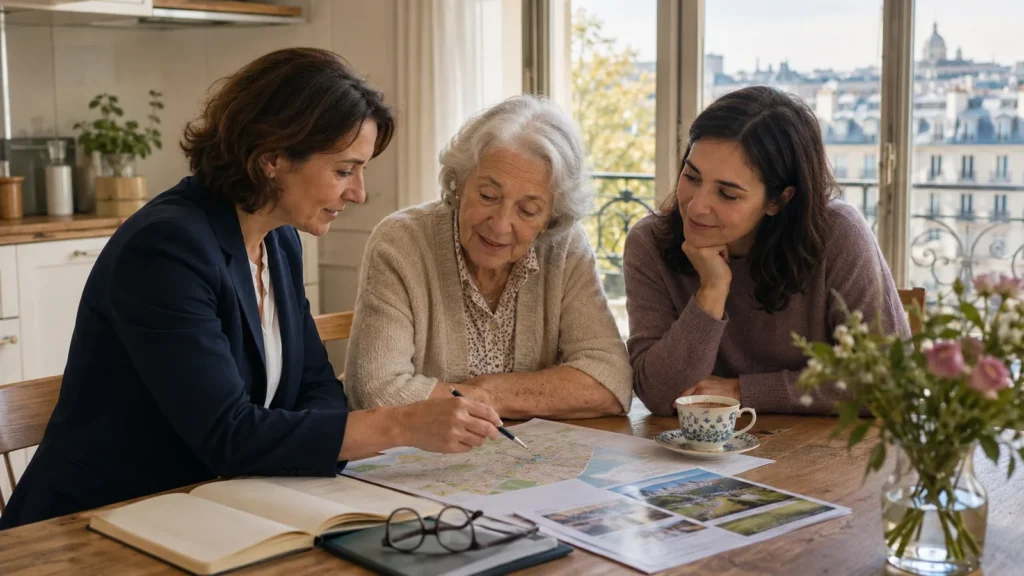 Un responsable de secteur APADOM échange avec une famille sur l’organisation d’une aide à domicile locale dans le Val-de-Marne ou la Seine-Saint-Denis.